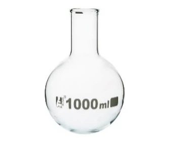 Колба круглодонная 1000 мл с ободком, узкое горло, боросиликатное стекло:uz:Dumaloq tubli kolba 1000 ml jant, tor tomoq, borosilikat shisha