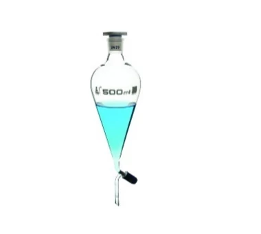 Воронка делительная градуированная 1000 мл, боросиликатное стекло, грушевидная форма, со шлифом 29/32, с запорным краном:uz:Ajratuvchi huni 1000 ml gradusli, borosilikat shisha, nok shaklidagi, 29/32 silliqlash bilan, qulflash krani bilan