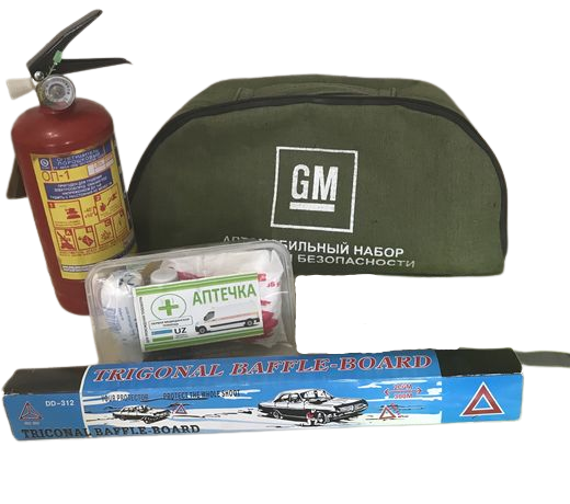 Автомобильный набор универсальный: аптечка, огнетушитель ОП-2, аварийный знак, сумка