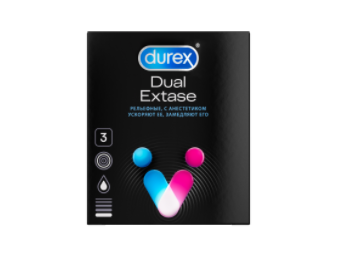Презервативы Durex Dual Extase №3 (рельефные с анестетиком):uz:Prezervativlar Durex Dual Extase №3 (anestetik bilan naqshlangan)