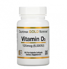 California Gold Nutrition, витамин D3, 125 мкг (5000 МЕ), 90 капсул из рыбьего желатина:uz:California Gold Nutrition, Vitamin D3, 125 mkg (5000 IU), 90 baliq jelatin kapsulalari