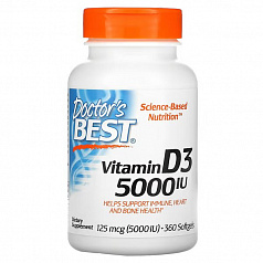 Doctor’s Best, витамин D3, 125 мкг (5000 МЕ), 360 мягких таблеток:uz:Doctor's Best, Vitamin D3, 125 mkg (5000 IU), 360 Softgels