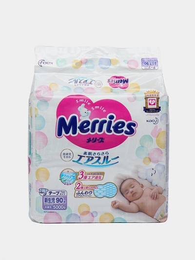 Подгузники Merries для новорожденных, 5 кг, 90 шт
