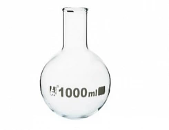 Колба круглодонная 100 мл с ободком, узкое горло, боросиликатное стекло:uz:Dumaloq tubli kolba 100 ml jant, tor tomoq, borosilikat shisha