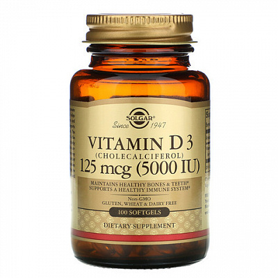 Витамин D3 (холекальциферол), Solgar, 125 мкг (5000 МЕ), 100 капсул:uz:Vitamin D3 (xolekalsiferol), Solgar, 125 mkg (5000 IU), 100 kapsula