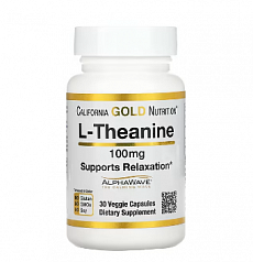 L-теанин, с AlphaWave, California Gold Nutrition, 100 мг, 30 растительных капсул:uz:L-Theanine, AlphaWave bilan, Kaliforniya oltin oziqlanishi, 100 mg, 30 sabzavotli kapsulalar