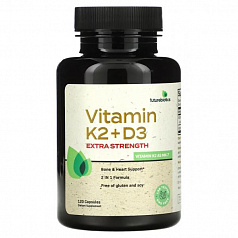 Витамин K2 + D3 FutureBiotics, 10000 доза 120 капсул:uz:FutureBiotics, Vitamin K2 + D3, Extra Strength, 120 kapsula