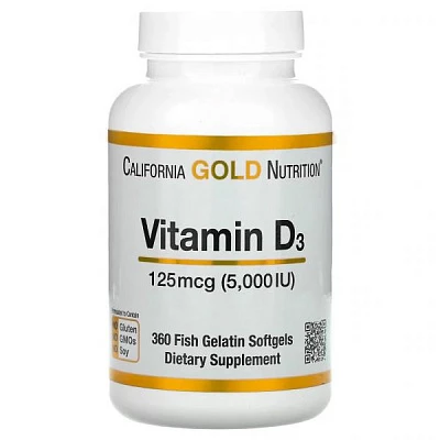 California Gold Nutrition, витамин D3, 125 мкг (5000 МЕ), 360 капсул из рыбьего желатин:uz:California Gold Nutrition, D3 vitamini, 125 mkg (5000 IU), 360 baliq jelatin kapsulalari