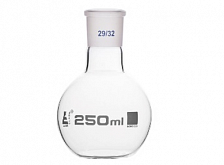 Колба плоскодонная 50 мл, шлиф 29/32, боросиликатное стекло:uz:Yassi tubli 50 ml lik shisha, 29/32 shlif, borosilikat shisha