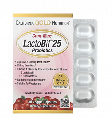Пробиотики California Gold Nutrition, Lactobif, Cran-Max, 25 млрд КОЕ, 30 растительных капсул:uz:Kaliforniya oltin oziqlantiruvchi probiyotiklari, Lactobif, Cran-Max, 25 milliard CFU, 30 sabzavotli kapsulalar
