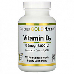 Витамин D3 California Gold Nutrition, 125 мкг (5000 МЕ), 360 рыбно-желатиновых капсул:uz:California Gold Nutrition Vitamin D3, 125 mkg (5000 IU), 360 Baliq geli qopqoqlari