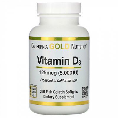 Витамин D3 California Gold Nutrition, 125 мкг (5000 МЕ), 360 рыбно-желатиновых капсул:uz:California Gold Nutrition Vitamin D3, 125 mkg (5000 IU), 360 Baliq geli qopqoqlari