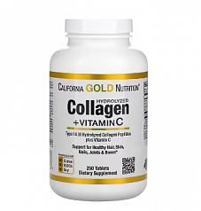 California Gold Nutrition, пептиды гидролизованного коллагена с витамином C, тип 1 и 3, 250 таблеток:uz:Kaliforniya oltin oziqlanishi, S vitamini bilan gidrolizlangan kollagen peptidlari, 1 va 3-toifa, 250 tabletka