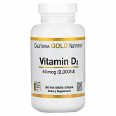 California Gold Nutrition, витамин D3, 50 мкг (2000 МЕ), 360 рыбно-желатиновых капсул:uz:California Gold Nutrition, D3 vitamini, 50 mkg (2000 IU), 360 baliq geli qopqog'i