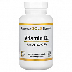 California Gold Nutrition, витамин D3, 50 мкг (2000 МЕ), 360 рыбно-желатиновых капсул:uz:California Gold Nutrition, D3 vitamini, 50 mkg (2000 IU), 360 baliq geli qopqog'i