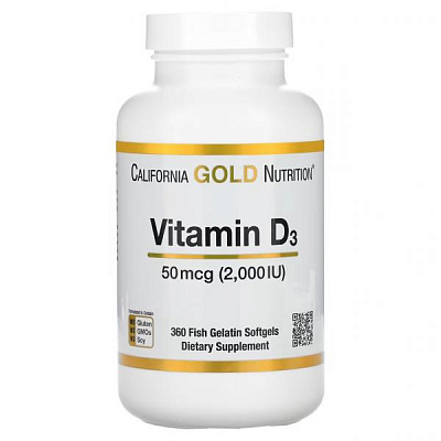 California Gold Nutrition, витамин D3, 50 мкг (2000 МЕ), 360 рыбно-желатиновых капсул:uz:California Gold Nutrition, D3 vitamini, 50 mkg (2000 IU), 360 baliq geli qopqog'i