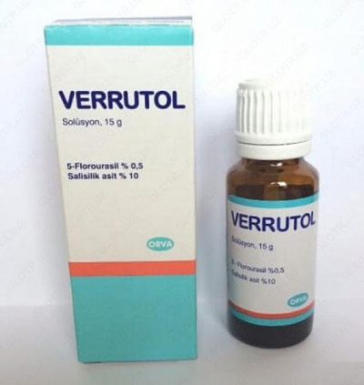 Препарат для лечения папиллом "Verrutol":uz:"Verrutol" papillomalarini davolash uchun preparat