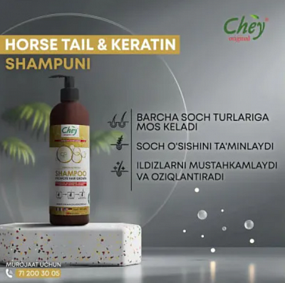 Шампунь Horse tail & keratin (Конский хвост с кератином) Новинка:uz:Shampun Ot dumi va keratin (Keratinli ot dumi) Yangi