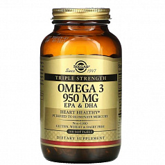 Биодобавка Solgar, омега-3, ЭПК и ДГК, тройной концентрации, 950 мг, 100 капсул:uz:Solgar, Omega-3, EPK va DHA, uch kuch, 950 mg, 100 kapsula