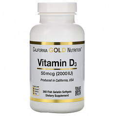 Витамин D3 California Gold Nutrition, 50 мкг (2000 МЕ), 360 капсул из рыбного желатина:uz:California Gold Nutrition Vitamin D3, 50 mkg (2000 IU), 360 baliq jelatin kapsulalari