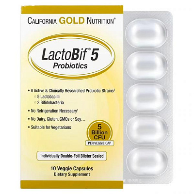 California Gold Nutrition, LactoBif, пробиотики, 5 млрд КОЕ, 10 растительных капсул:uz:California Gold Nutrition, LactoBif, Probiyotikalar, 5 milliard CFU, 10 sabzavotli kapsulalar
