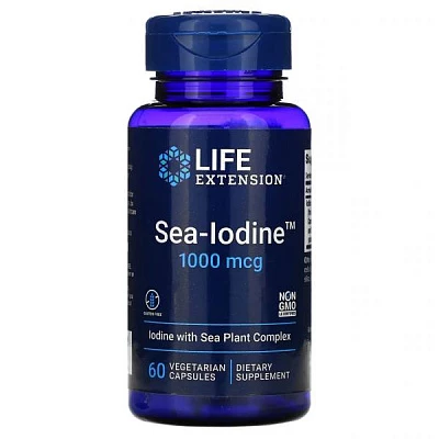 Life Extension, Sea-Iodine, 1000 мкг, 60 вегетарианских капсул:uz:Hayotni uzaytirish, dengiz yodi, 1000 mkg, 60 sabzavotli kapsulalar