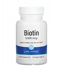 Биотин Lake Avenue Nutrition, 5000 мкг, 30 растительных капсул:uz:Lake Avenue Nutrition Biotin, 5000 mkg, 30 Veg Kapsül