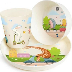 Набор детской посуды Plast Team Baby Play with Me Animals (тарелка, миска, стакан 270 мл):uz:Bolalar idishlari to'plami Plast Team Baby Play with Me Animals (tovoq, piyola, stakan 270 ml)