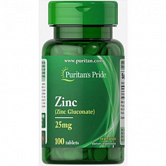 Цинк глюконат, Zinc, Puritan's Pride, 25 мг, 100 таблеток:uz:Sink glyukonat, sink, Puritanning mag'rurligi, 25 mg, 100 tabletka