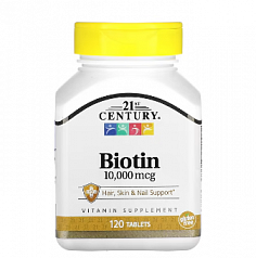 21st Century, биотин, 10 000 мкг, 120 таблеток:uz:21-asr, Biotin, 10 000 mkg, 120 tabletka