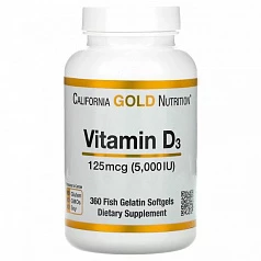 California Gold Nutrition, витамин D3, 125 мкг (5000 МЕ), 360 капсул из рыбьего желатина:uz:California Gold Nutrition, D3 vitamini, 125 mkg (5000 IU), 360 baliq jelatin kapsulalari