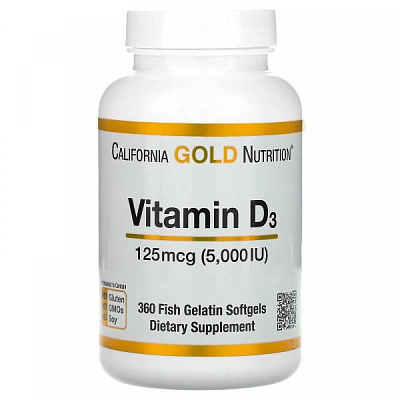California Gold Nutrition, витамин D3, 125 мкг (5000 МЕ), 360 капсул из рыбьего желатина:uz:California Gold Nutrition, D3 vitamini, 125 mkg (5000 IU), 360 baliq jelatin kapsulalari