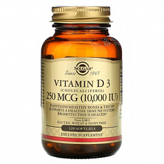 Solgar, витамин D3 (холекальциферол), 250 мкг (10 000 МЕ), 120 капсул:uz:Solgar, D3 vitamini (xolekalsiferol), 250 mkg (10 000 IU), 120 kapsula