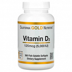 California Gold Nutrition, витамин D3, 125 мкг (5000 МЕ), 360 капсул из рыбьего желатин:uz:California Gold Nutrition, D3 vitamini, 125 mkg (5000 IU), 360 baliq jelatin kapsulalari