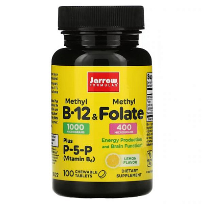 Jarrow Formulas, Метил B-12 и метилфолат, лимон, 100 жевательных таблеток:uz:Jarrow formulalari, metil B-12 va metilfolat, limon, 100 ta chaynaladigan tabletkalar