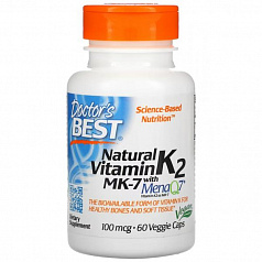 Doctor's Best, натуральный витамин K2 MK-7 с MenaQ7, 100 мкг, 60 вегетарианских капсул:uz:Doctor's Best, Natural Vitamin K2 MK-7 with MenaQ7, 100 mkg, 60 Veg Kapsül