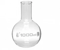 Колба круглодонная 50 мл с ободком, широкое горло, боросиликатное стекло:uz:Dumaloq tubli 50 ml lik shisha, keng tomoq, borosilikat shisha