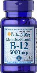 Витамин B-12 Puritans Pride Метилкобаламин 5000 мкг 30 микропластинок:uz:Vitamin B-12 Puritans Pride Metilkobalamin 5000 mkg 30 Mikroplastinka