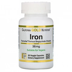 Железо (биглицинат) California Gold Nutrition, Ferrochel, 36 мг, 90 растительных капсул:uz:Temir (Biglycinate) Kaliforniya Oltin Oziqlantirish, Ferrochel, 36 mg, 90 Veg Kapsulalar
