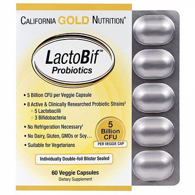Пробиотики California Gold Nutrition, LactoBif, 5 млрд КОЕ, 60 растительных капсул:uz:Kaliforniya oltin oziqlantiruvchi probiyotiklari, LactoBif, 5 milliard CFU, 60 sabzavotli kapsulalar