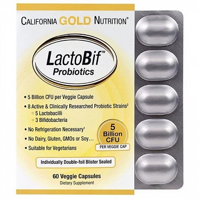 Пробиотики California Gold Nutrition, LactoBif, 5 млрд КОЕ, 60 растительных капсул:uz:Kaliforniya oltin oziqlantiruvchi probiyotiklari, LactoBif, 5 milliard CFU, 60 sabzavotli kapsulalar